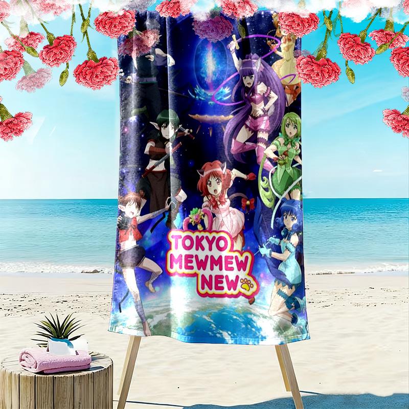 Tokyo Mew Mew Print Beach Towel, Large Soft Quick Dry Towel for Beach Camping Swimming