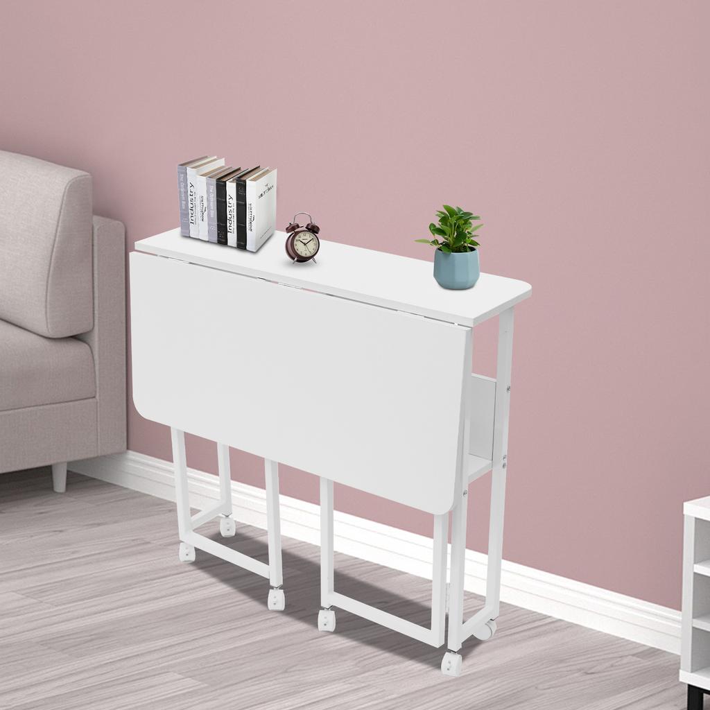 Folding Desk with Bookshelf & Wheels, Portable Table for Home Office, 80x58cm White Computer Desk, Space Saving Student Desk