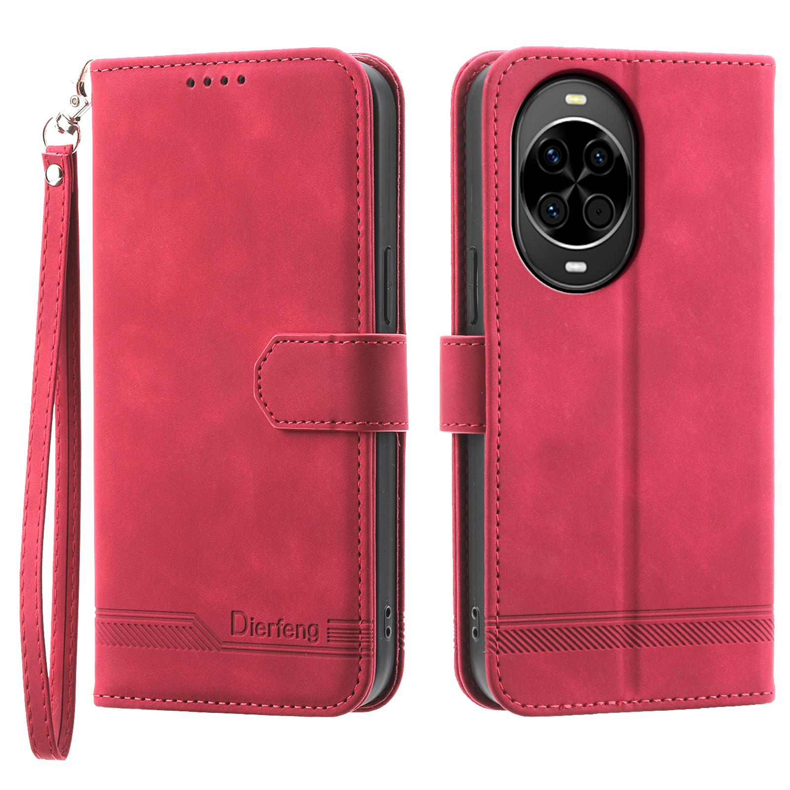 

DIERFENG DF-03 For Huawei nova 14 5G Case Lines Imprint Wallet Leather Phone Cover with Wrist Strap Red