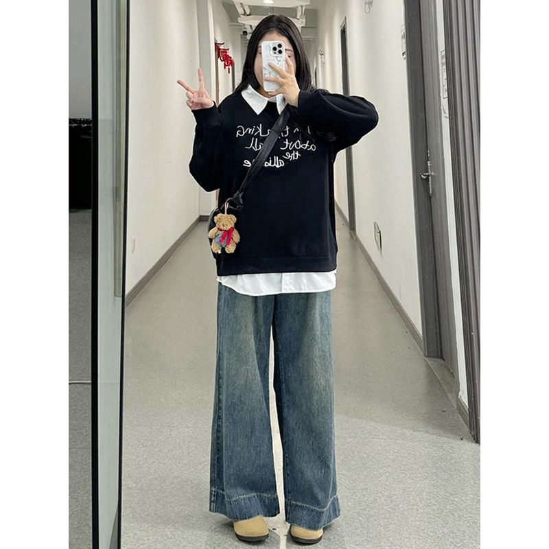 150kg Plus-Size Women's Retro Wide-Leg Jeans, New Spring Style Pants for Women, Slimming Straight-Leg Floor-Length Pants for Plus-Size Women