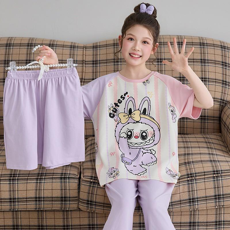 Girls Cotton Pajama Set Short Sleeve Long Pants Cartoon Print Sleepwear Kids Home Wear