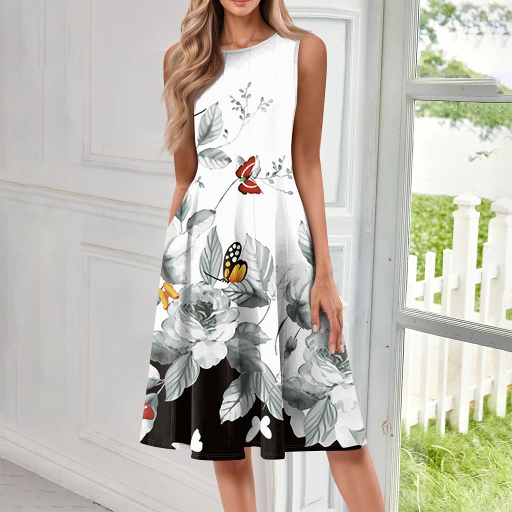 Women's Fashionable Round Neck Sleeveless Printed Casual Pullover Mid Length Dress