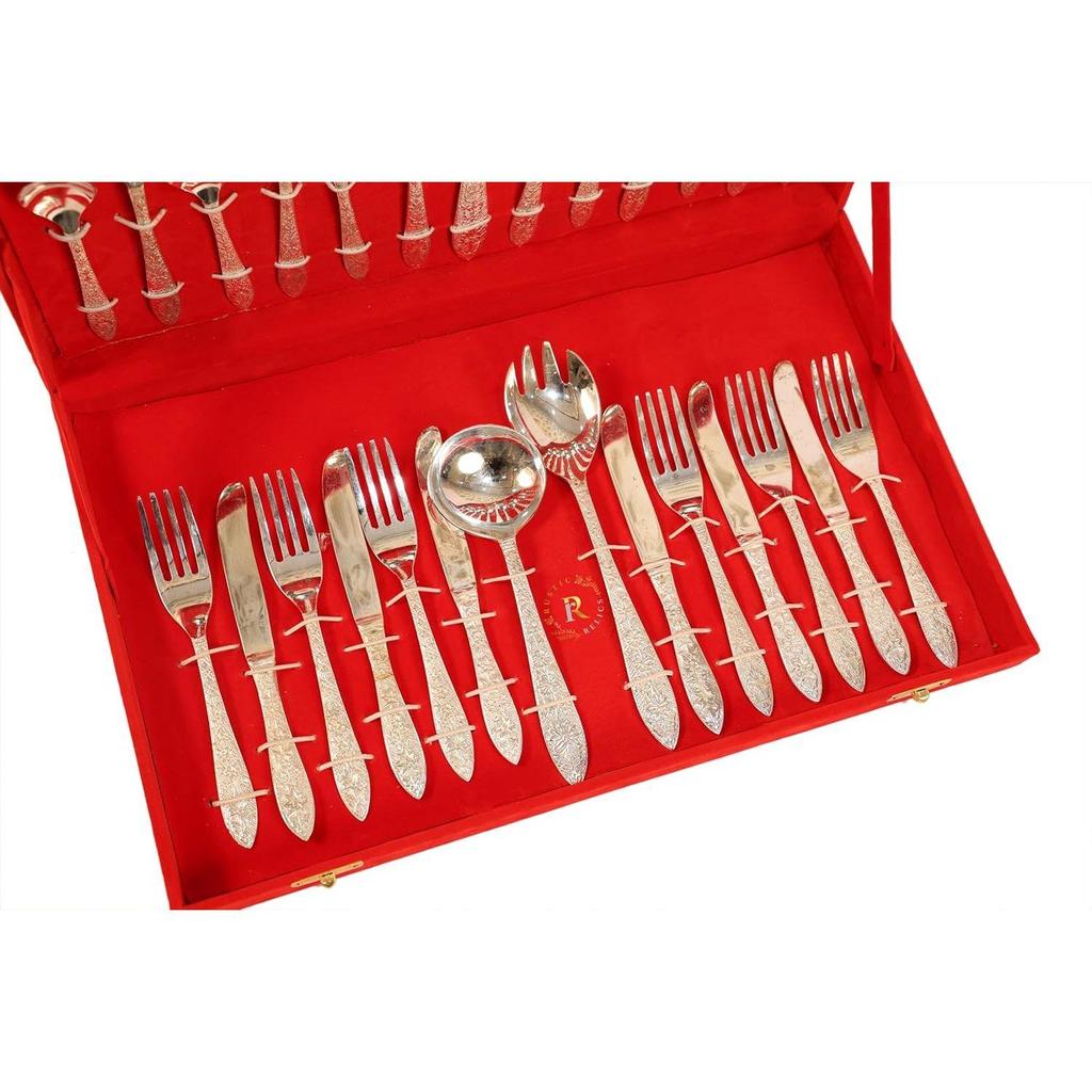 Brass Mixed Cutlary Spoon Set - 27Pcs | Brass Metal Made Silver Plated Polish | Home Dining Flatware Décor |