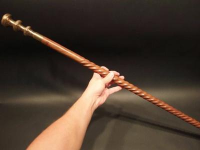 37'' Inch Antque Look Old Brass Design Look Style 3 Round Knob Long Handle Vintage Rope Spiral Brown Wooden