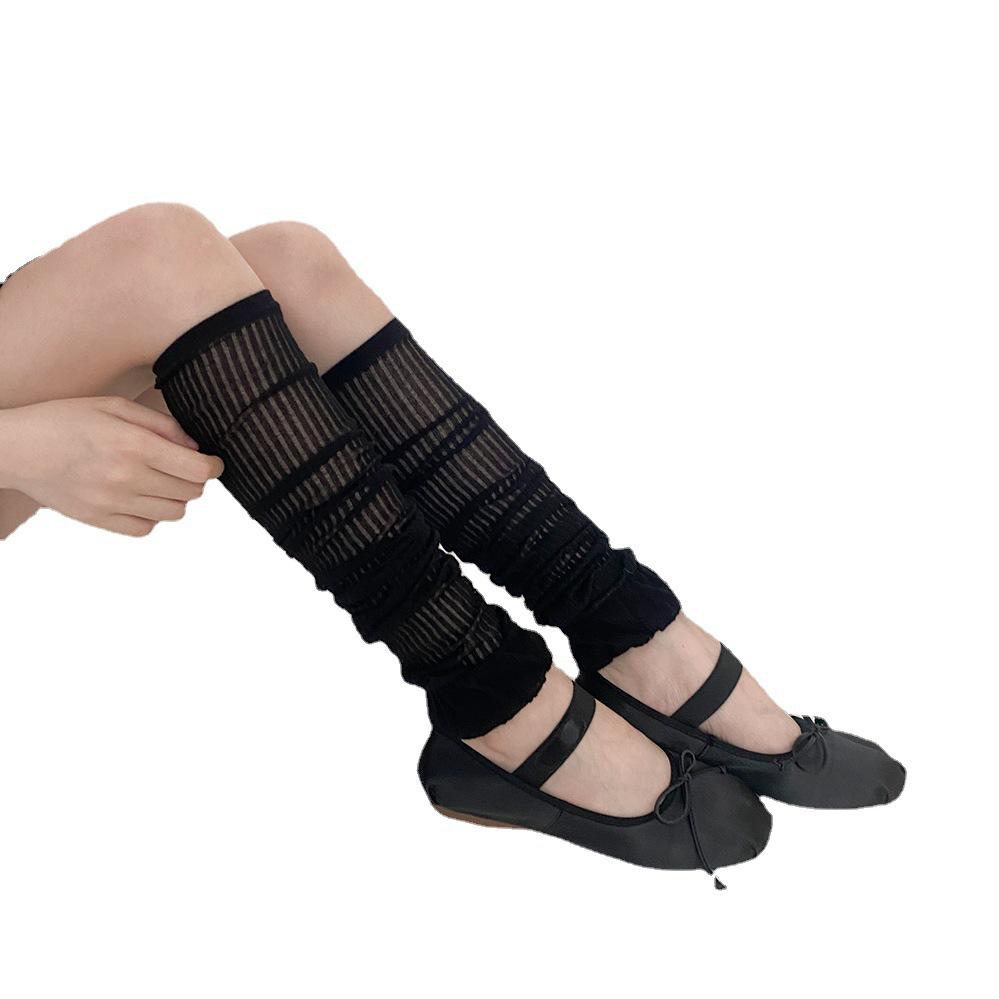 Korean Style Vertical Stripe Arm & Leg Warmers Set - Sun Protection & AC Friendly Solid Color Mid-Calf Socks