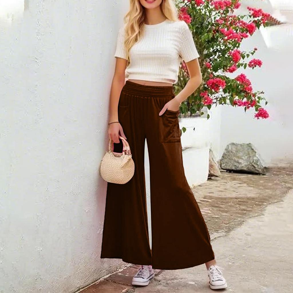 Women's Summer Elastic Waist Solid Color External Pocket Loose Pants