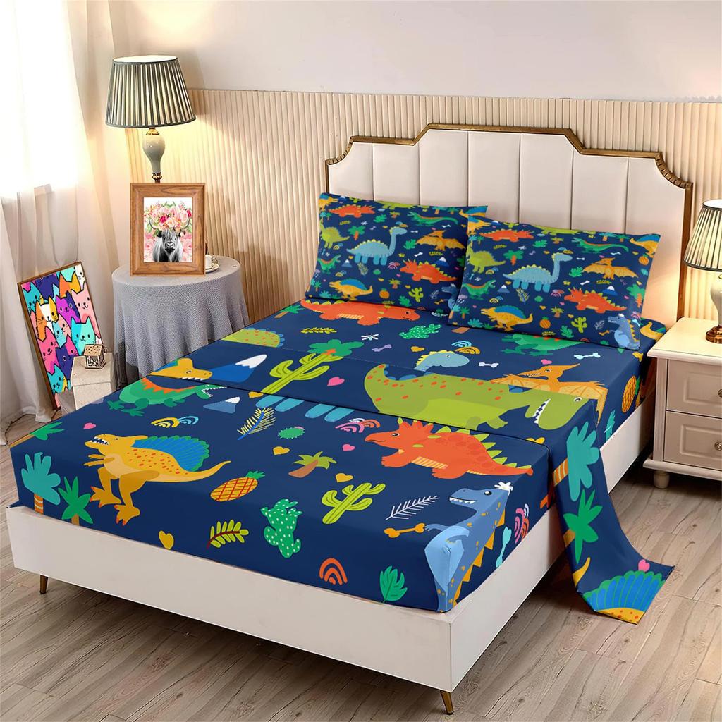 Cartoon Little Dinosaur Pattern Bed Hat Four-Piece Bedding Set Bedroom Dormitory Bedding Decoration