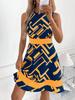2025 new European and American fashion geometric printing sleeveless slim dress women's summer temperament commuter dress
