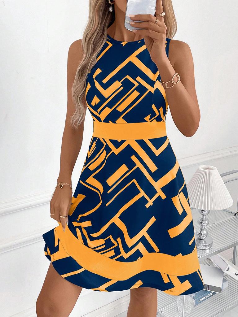 2025 new European and American fashion geometric printing sleeveless slim dress women's summer temperament commuter dress