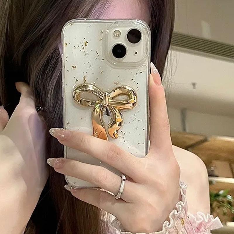 

Three-Dimensional Girl Bow Apple 17 Phone Case Iphone 16Promax Transparent Drip Glue Silver Foil Sequin Women S Model iPhone 7/8/SE 2020