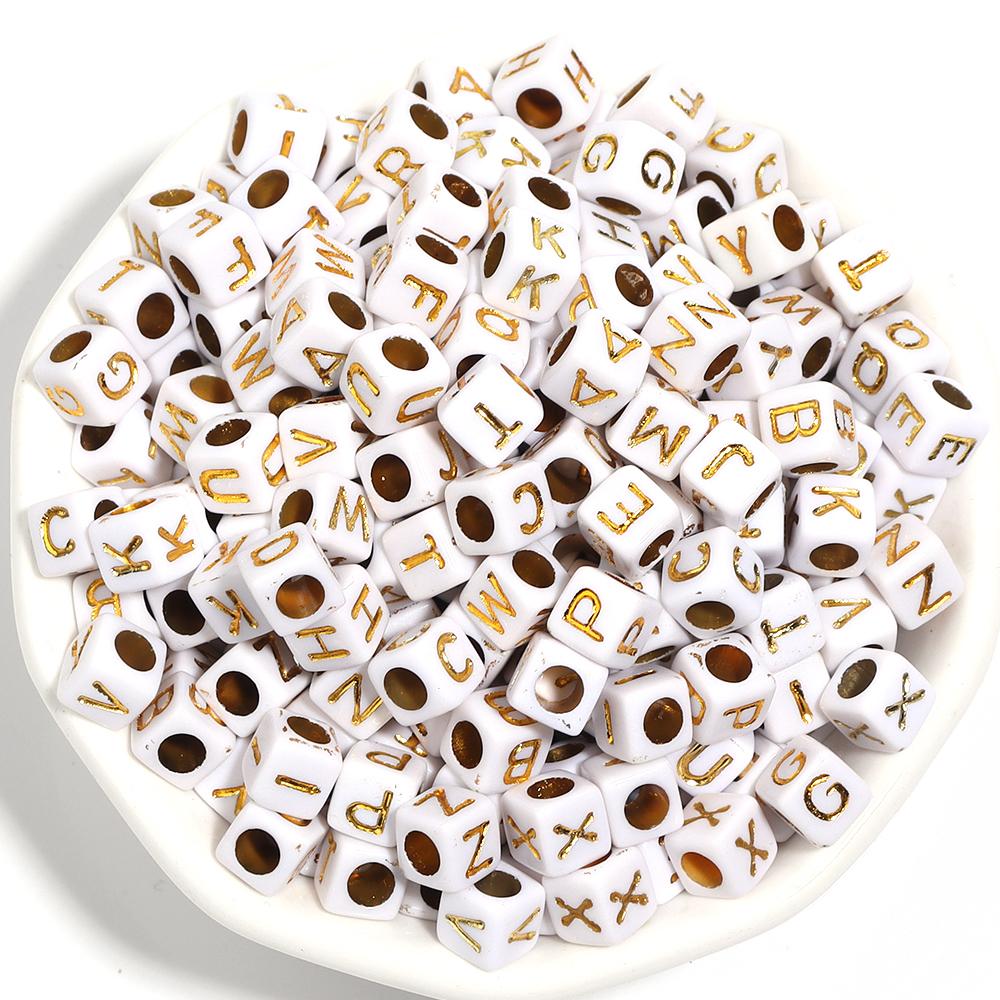100pcs/lot 4.5 6mm Gold Letter Acrylic Square Beads Large Hole Loose Alphabet Beads For DIY Craft Bracelet Earrings Accessories