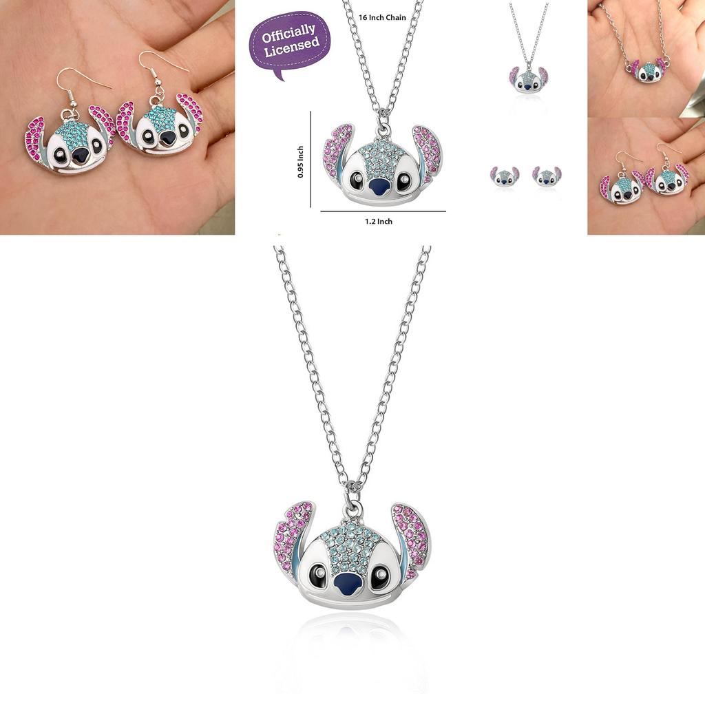 Adorable Cartoon Character Stitch Shimmering Drip Oil Jewelry Set Elegant Necklace Bracelet And Earrings For All Occasions