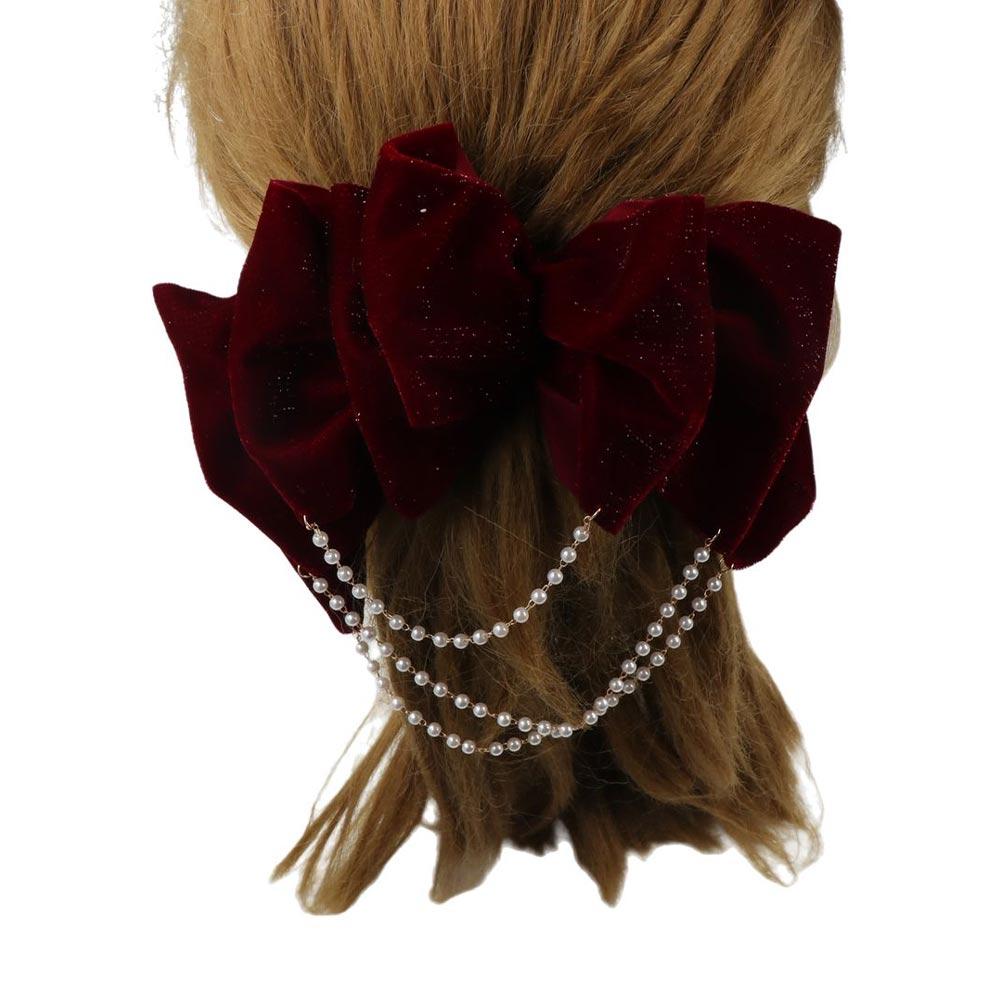 Cloth Bowknot Spring Clip Pearl Velvet Bow Hair Clip Cute   Girls