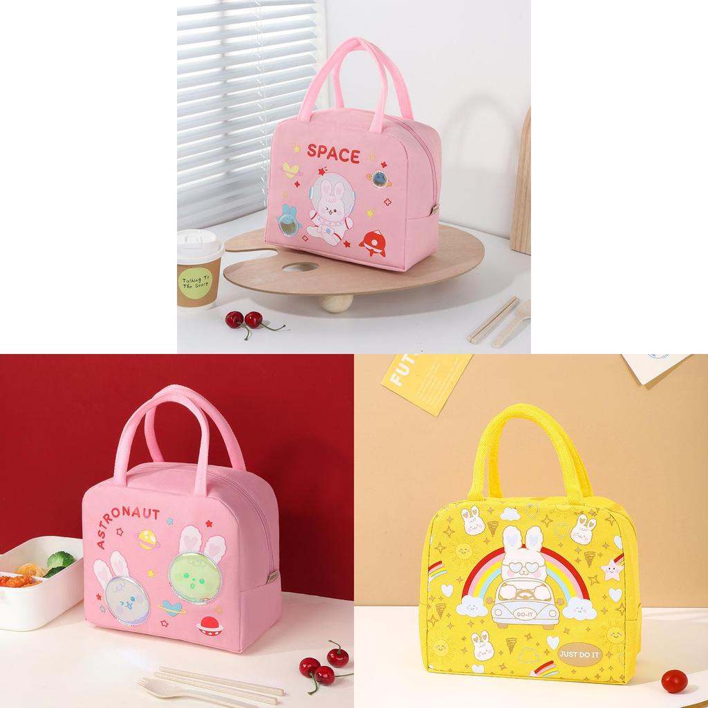 Cute Cartoon Oxford Insulated Lunch Bag For Work And School Pink Astronaut Rabbit