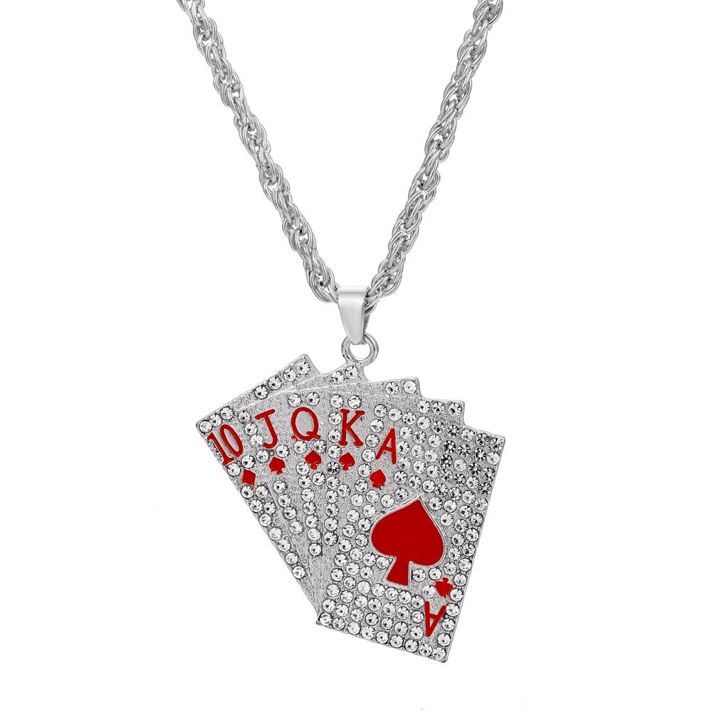 Punk Rhinestone Playing Card Pendant Necklace, Unisex Fashion Jewelry