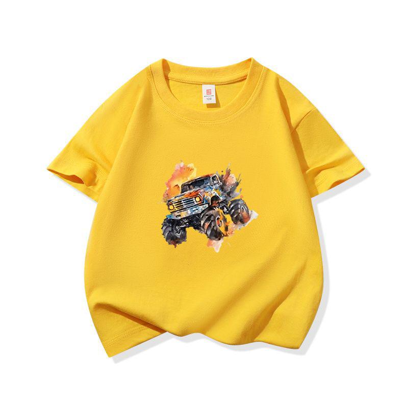 Kids Cotton T Shirt Bright Splash Offroad Vehicle Print Crew Neck Short Sleeve Tee Casual Breathable Boys Girls Summer Tops
