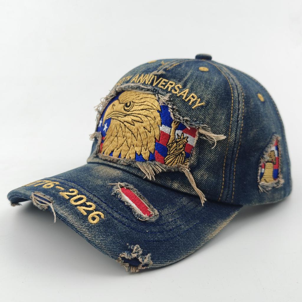 Anniversary USA Flag Distressed Baseball Cap, Vintage Washed Ripped Patriotic Dad Hat for Men Women, Retro American Flag Trucker Hat for 4th of July