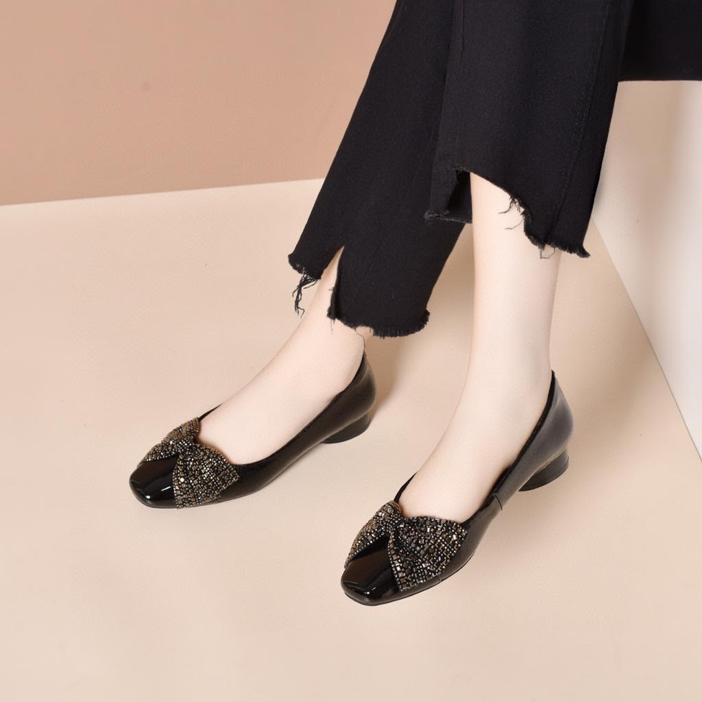 Flat Shoes Women's Spring and Summer New Light Mouth Low Heel One Pedal Single Shoes Color Matching Bow Rhinestone Women