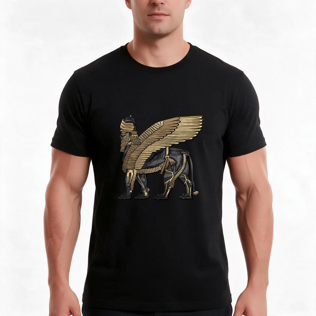 Assyrischer Geflügelter Löwe Gold Und Schwarz Lamassu Auf Weißem Leder T-Shirt Sommer Lässig Baumwoll-T-Shirt Übergröße Streetwear Oberteile