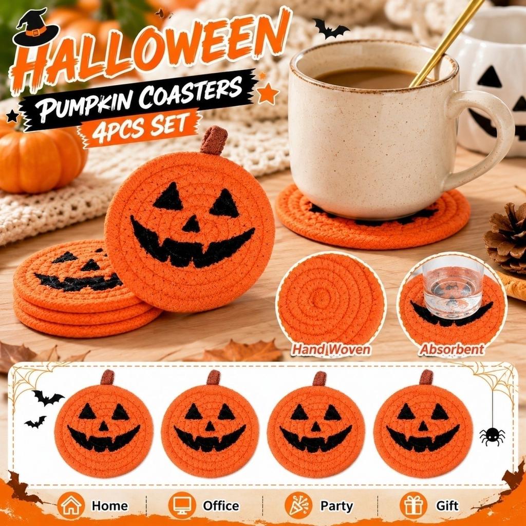 4 Piece Halloween Pumpkin Shaped Coasters Cotton Rope Woven Tabletop Decoration Heat Resistant Bowl Plate Mats Coffee Cup Coasters Set