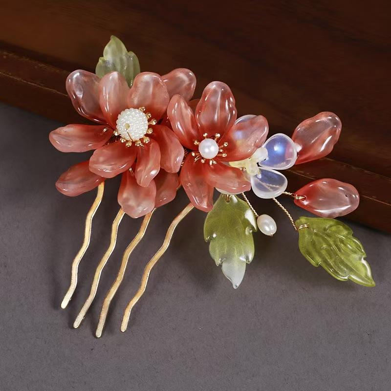 Vintage Flower Hairpin Elegant Chinese Style Glass Flower Hair Comb For Women Girls Exquisite Fairy Metal Hair Accessories 1pc