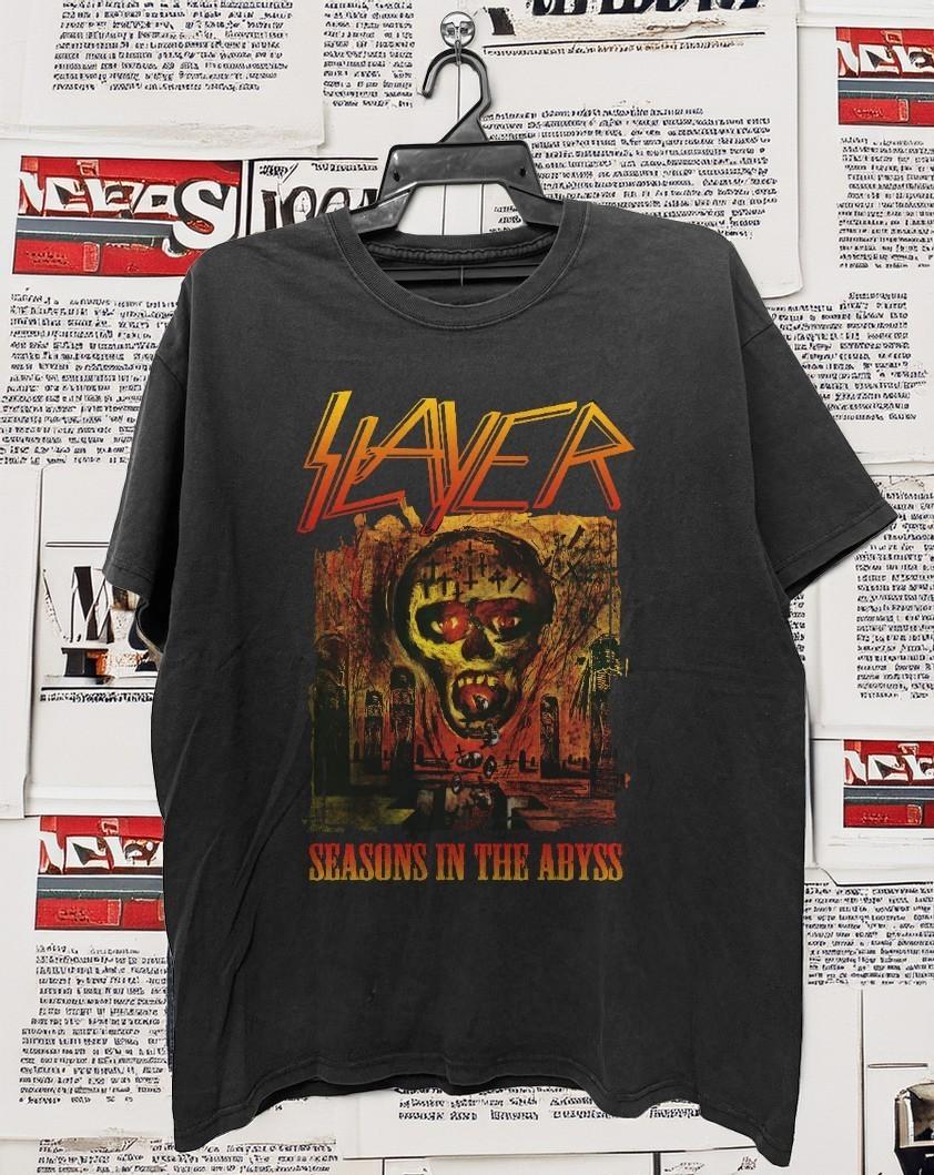HOT! Slayer 1990 Seasons In The Abyss Retro Unisex Black Cotton T-Shirt S