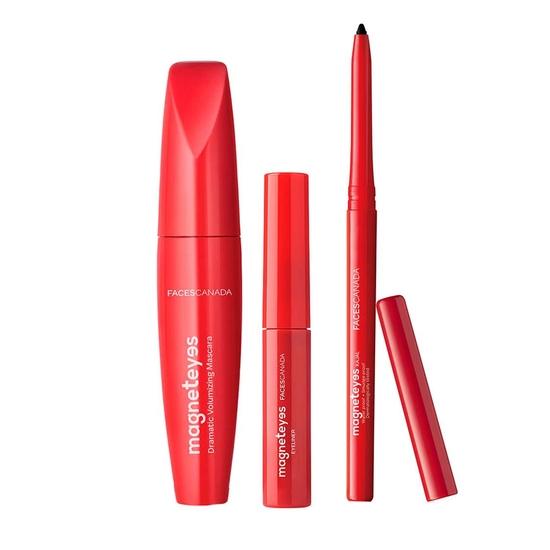 FACES CANADA Magneteyes Range Trio Pack - Black, 13.35 G | Kajal + Eyeliner + Mascara | Lightweight | Long Lasting | Smooth Texture