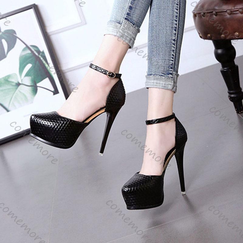 Fashion Comemore New Pointed Black Sexy Pumps Platform Ankle Buckle Thin High Heel Dress Shoes 12cm Stiletto Elegant Heeled Shoes Woman