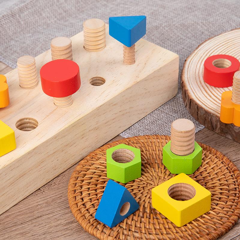 Wooden Screw Matching Puzzle Board - Fun Geometric Color Recognition Cognitive Toy With Mixed Color Blocks - Natural Wood Design