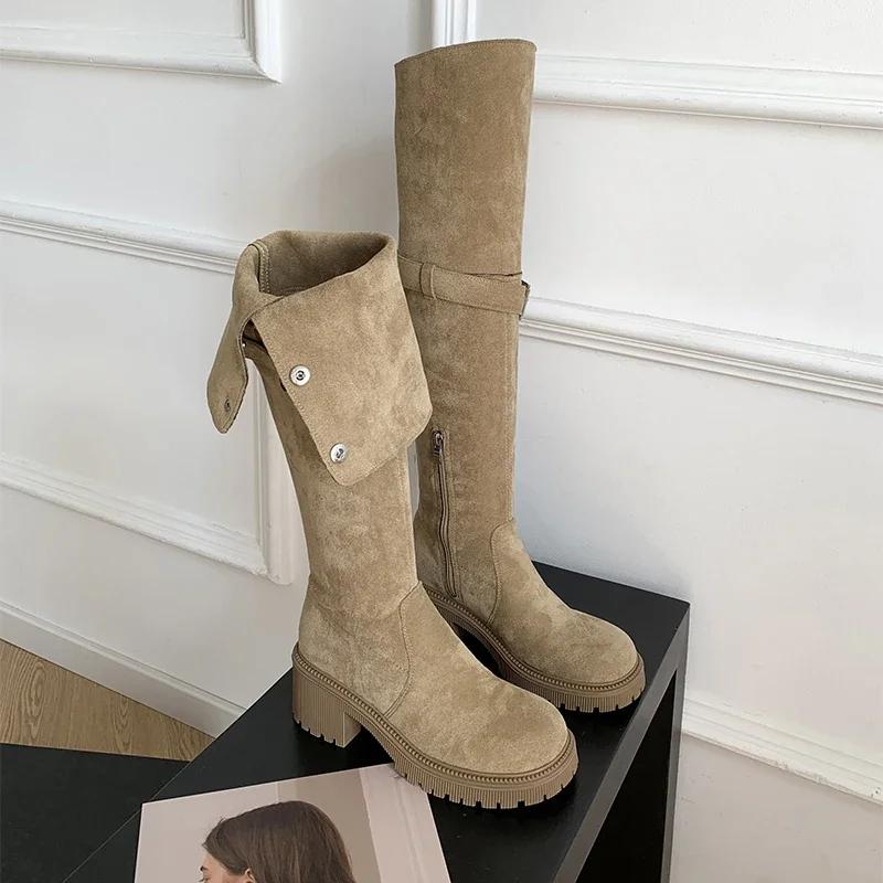 Vintage Women Over The Knee High Boots Fashion Back Zippers Shoes Autumn Winter Thick Heel Women's Long Booties