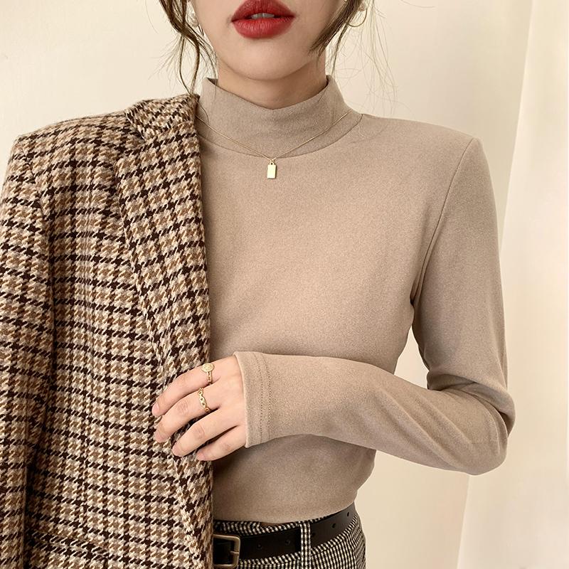 

Autumn Half High Neck Casual Base T-shirt Women Winter Fashion Velvet Long Sleeve Pullovers T Shirt Women Elegant Solid Slim Fit Female Tee Tops 25576 2XL