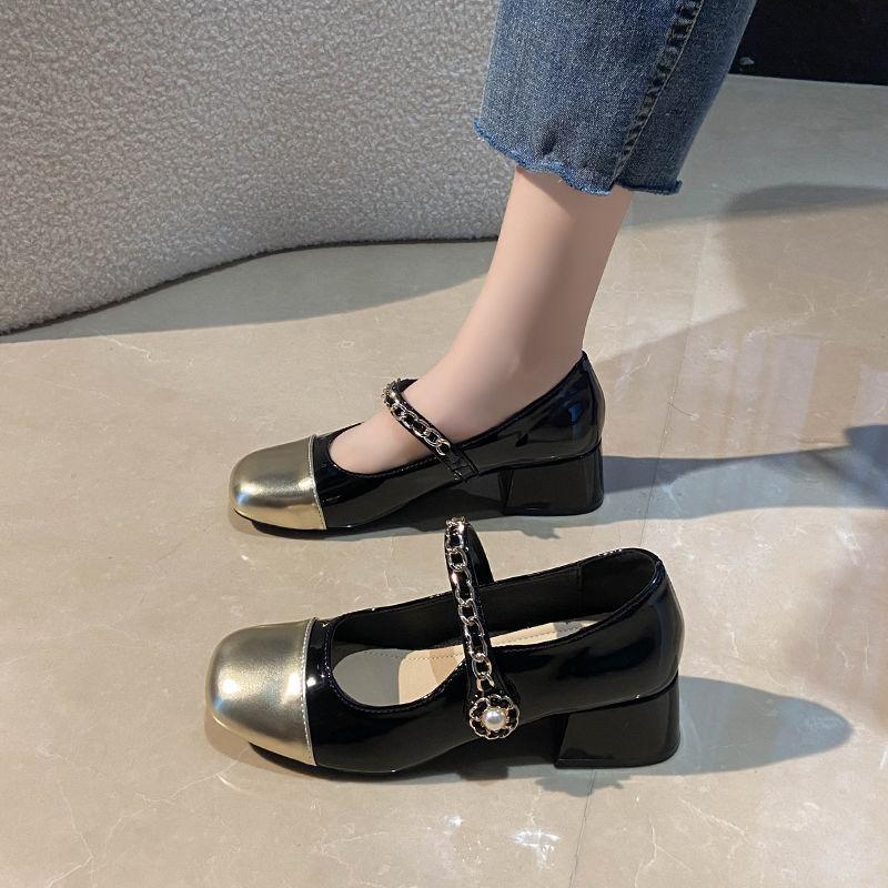 Increase the height of Mary Jane's small leather shoes to show the legs, spring and autumn niche design, pearl rectangular