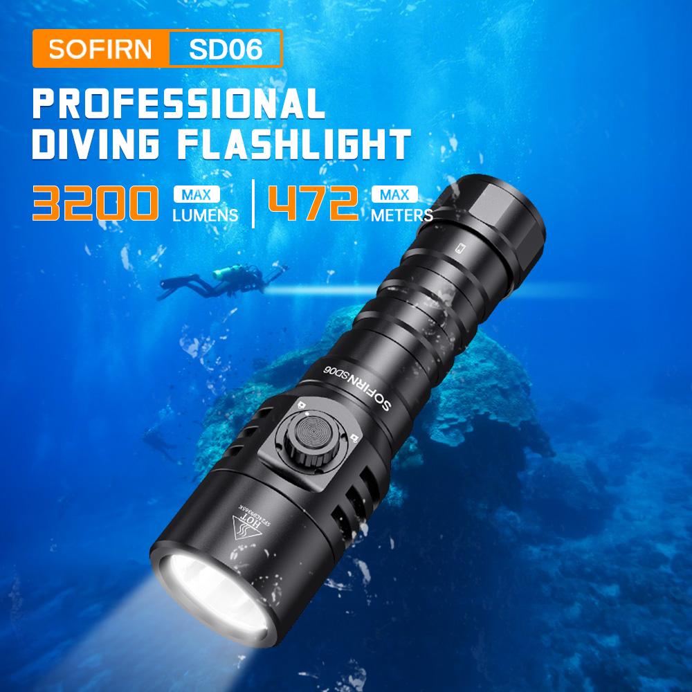 SOFIRN SD06 Diving Flashlight SFT70 3200lm Rechargeable Underwater Deep Scuba Torch Dive LED Light Powerful Under 100M 3