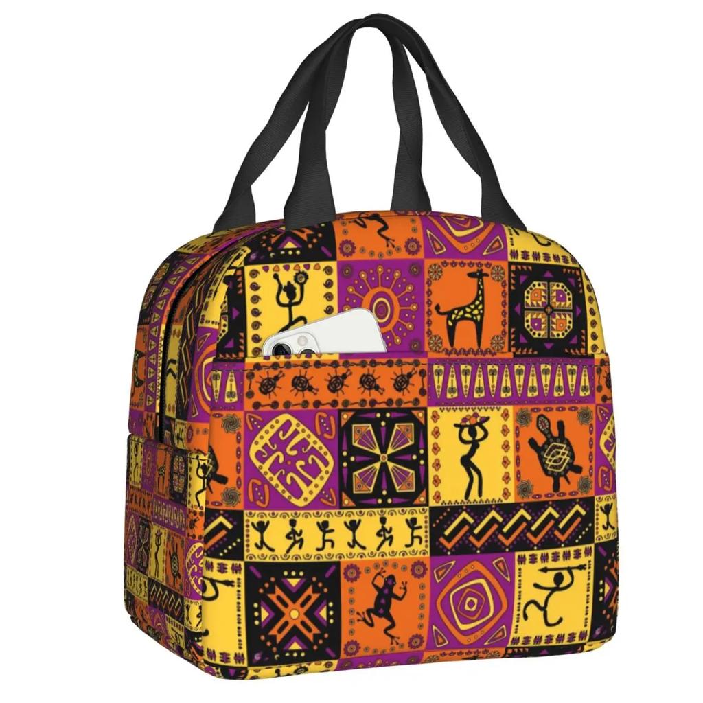 African Elements Pattern Insulated Lunch Tote Bag for Women Africa Ethnic Culture Cooler Thermal Bento Box Work School Travel