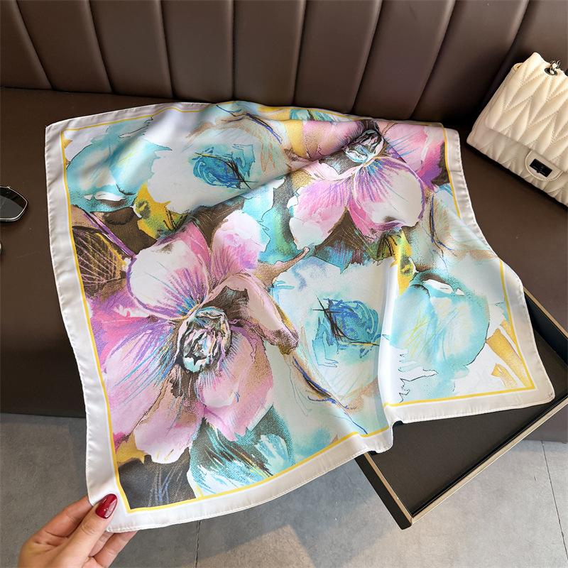New Floral Print Shawl Square Scarf For Women Soft Satin Wraps Neckerchief Female Hair Bands Ribbon Headband Bandana