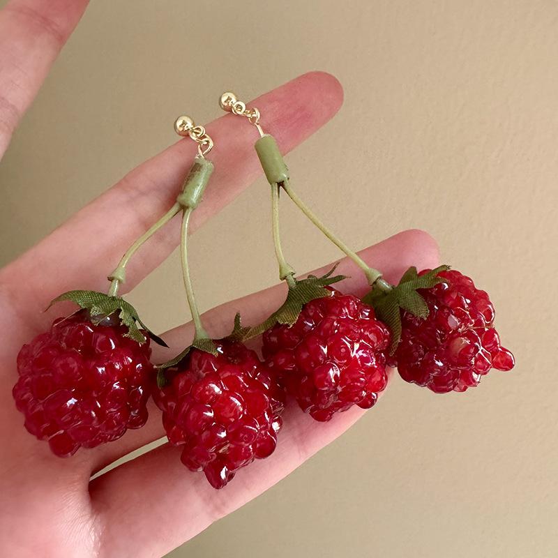 Ins Style Sweet Red Raspberry Drop Earrings Minimalist Unique Design Smart Playful Versatile Temperament Girl Pierced Jewelry