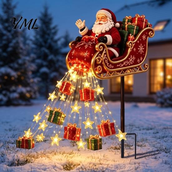 Beleuchtete Weglichter für Weihnachten Nikolaus Schlitten Figur Licht, Solarbetriebener Gartenpfahl Außenlicht Gießende Geschenke Sterne Hof Feiertag