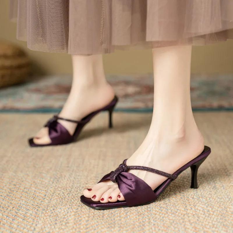 

Summer Women s Square Toe Slippers Crystal Stiletto Heel Sandals Plus Size Dress Slippers for Classic Fashion Ladies Shoes 42 фіолетовий