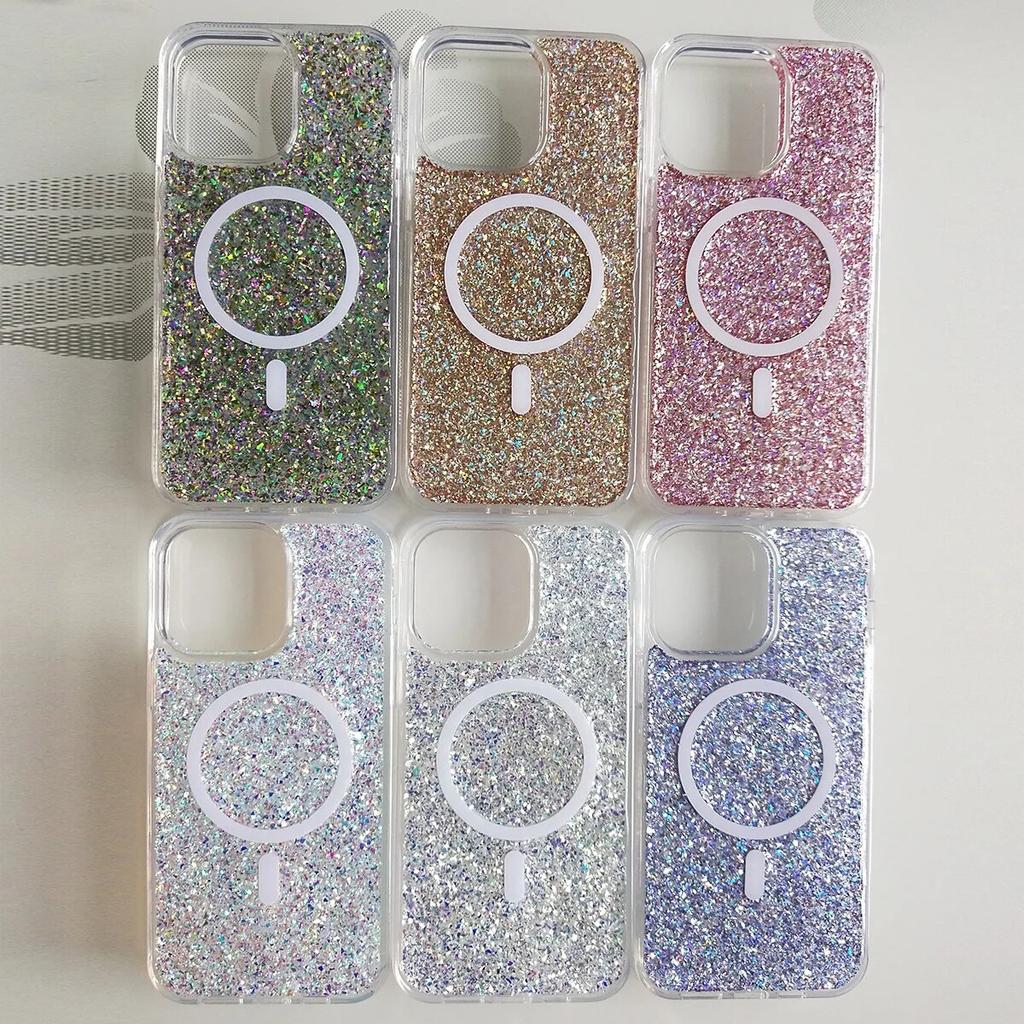 Clear Glitter Bling Magnetic Case for iPhone 14 13 12 Pro Max Plus Cover for MagSafe Wireless Charging Soft Silicone Cover Funda