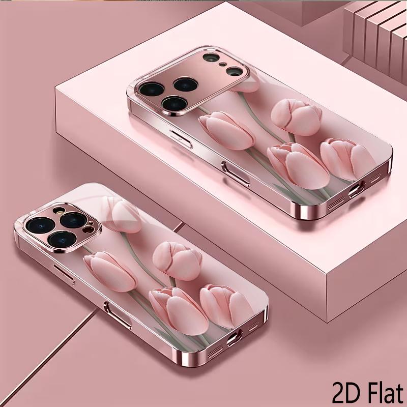 kTulips 2DFlat For iPhone17 18 16 15 14 13 12 11 Pro Max XS XR 8 7Plus Phone Cover Shockproof Protective Back Cover