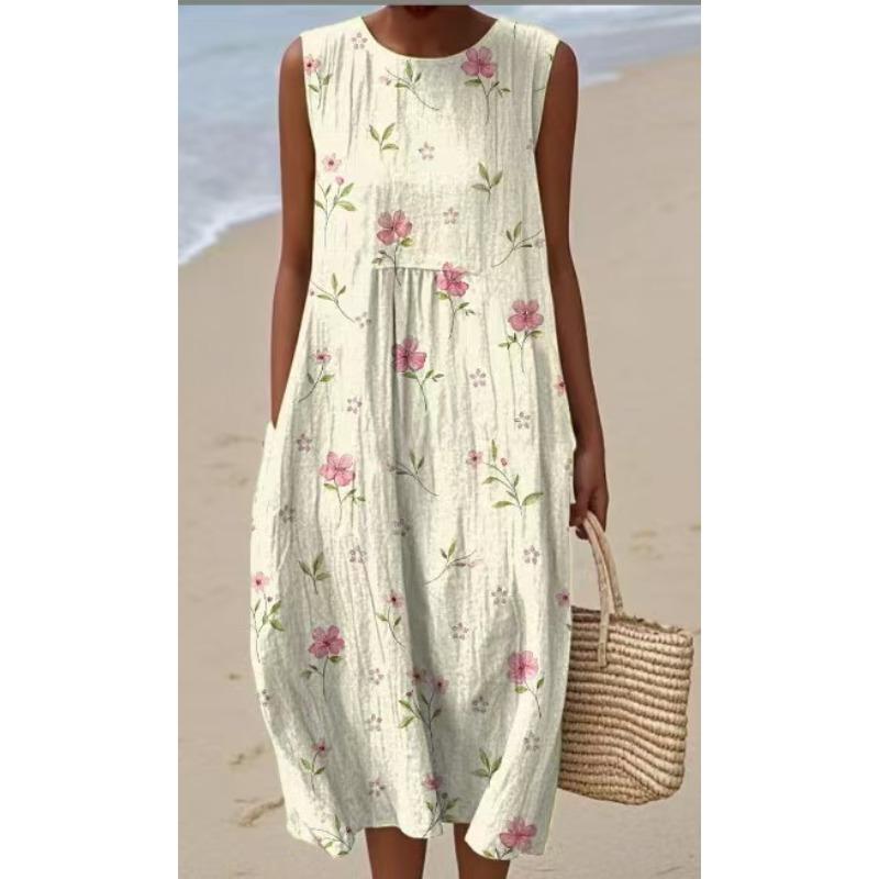 LYRIA 3D-Druck Rundhals Leichtes Kleid Ärmellos Sommer Strandkleid Lässig Mode A-Linien-Kleid Damen Elegante Blumenkleider