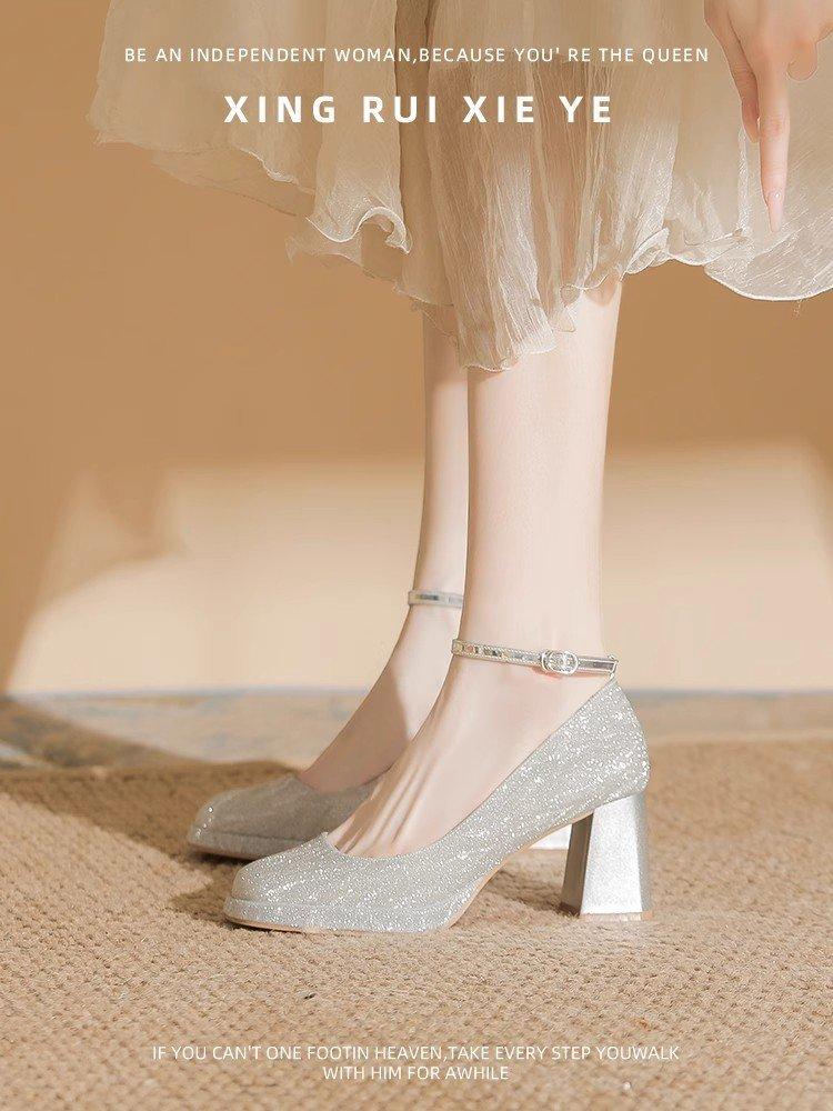 A straight buckle platform fine flash spring new high heels Mary Jane premium sense square toe block heels women