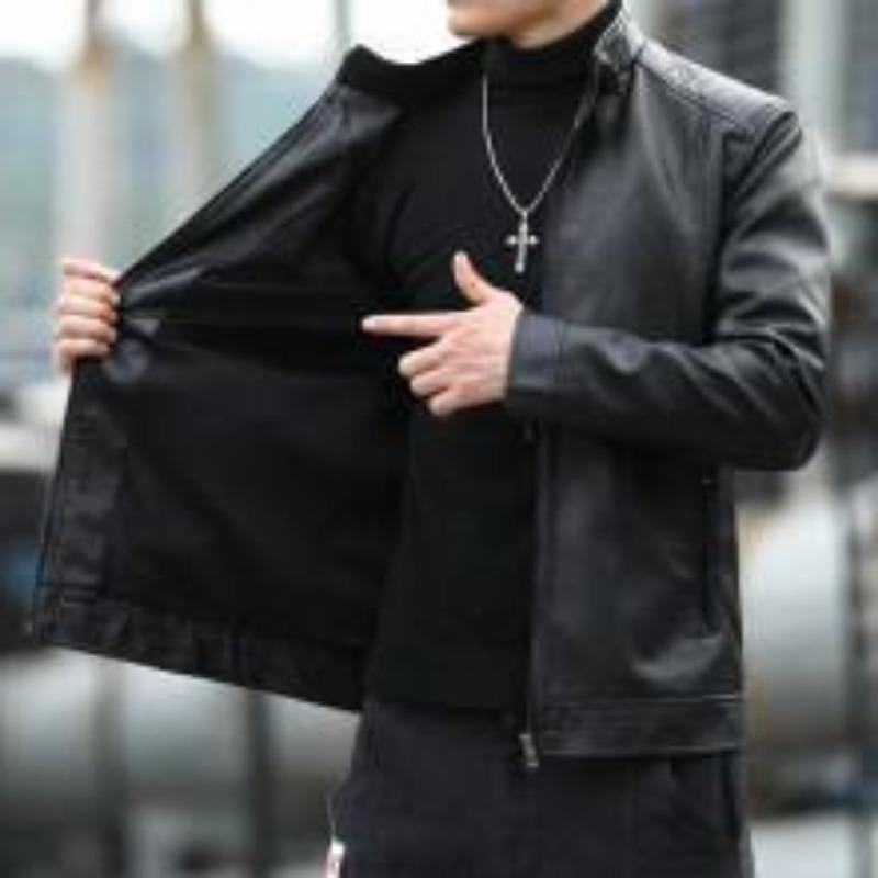 Men's Leather Jacket Spring and Autumn New Motorcycle Jacket Stand Collar Men's Top Trendy Short Leather Jacket Plus Velvet Leather Jacket