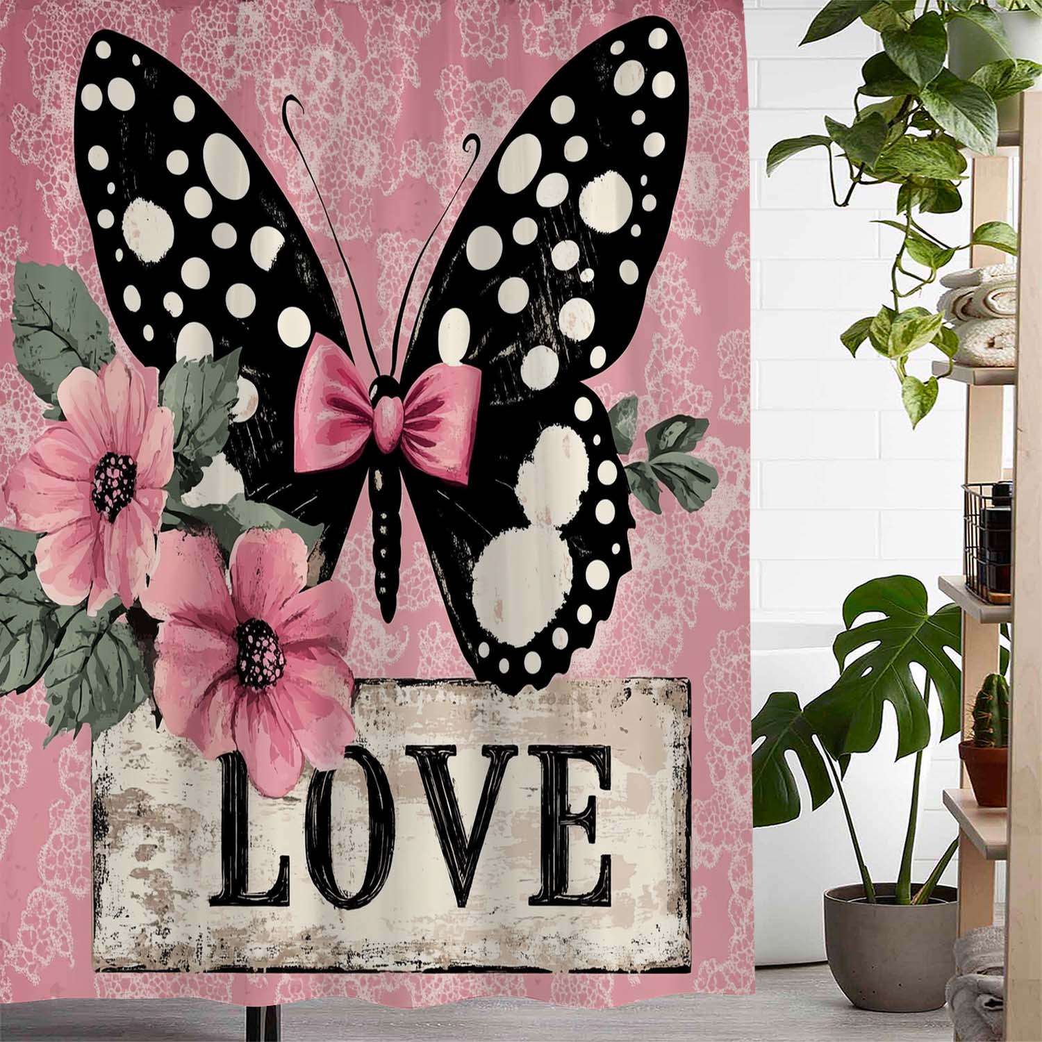 

Valentine S Butterfly & Floral Love Shower Curtain - Pink With Black Polka Dot Butterfly, 12 Hooks, Waterproof Polyester W60H190(CM)-1 Pcs