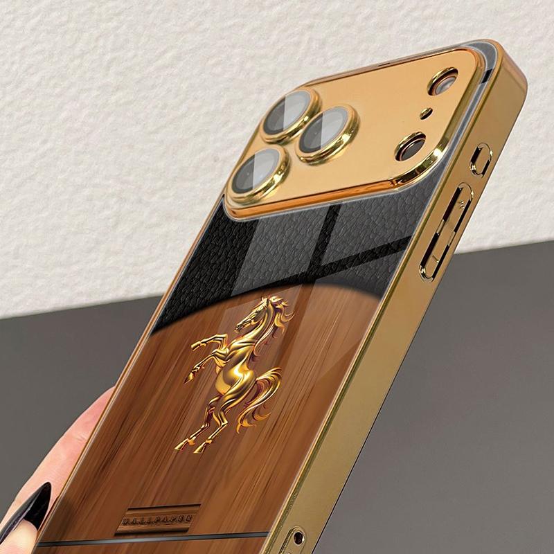 Golden Steed Wood Grain Gold Metallic Paint Glass Phone Case For iPhone 17 11 12 13 14 15 16 Pro Max 15 Plus 17Air 16E Cover