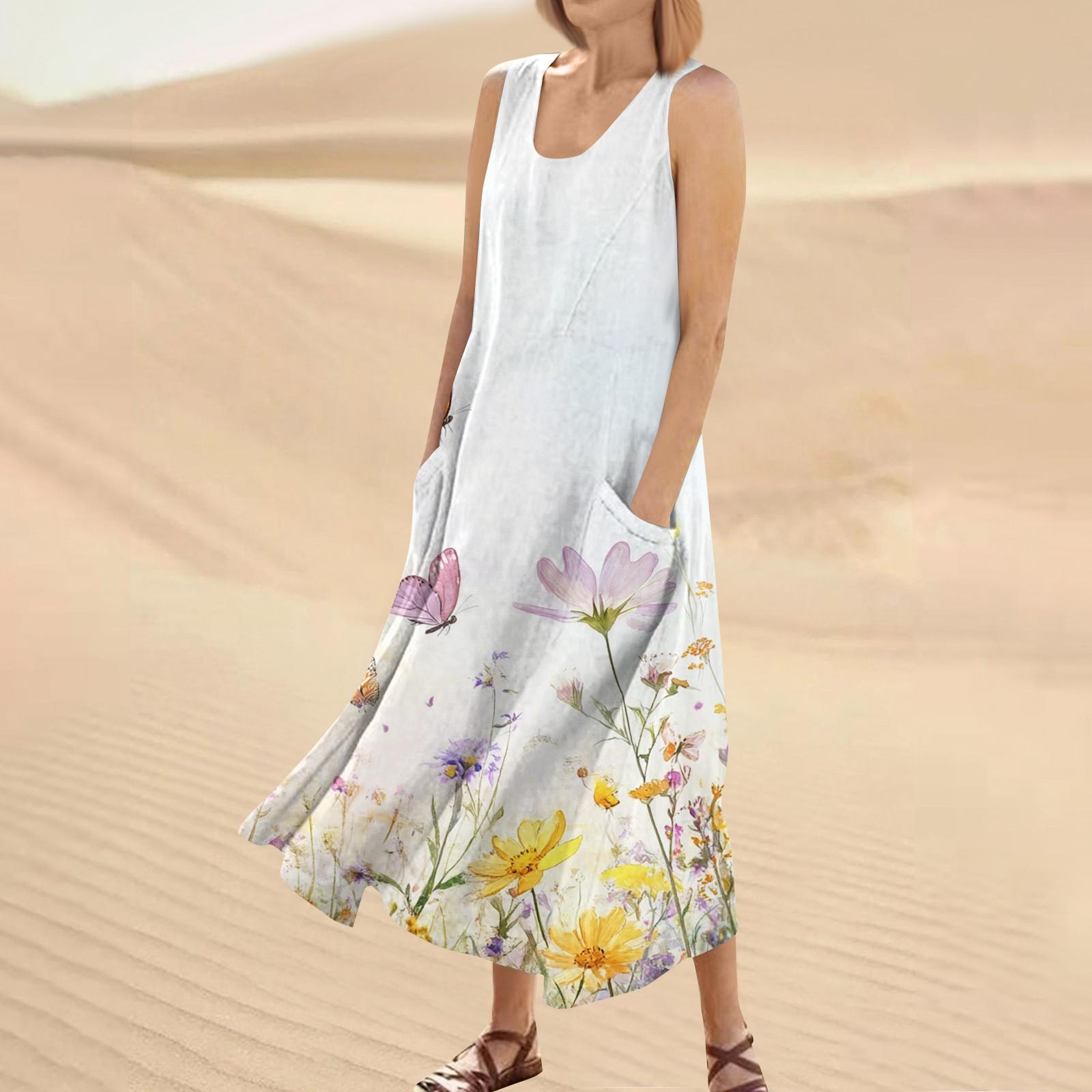 

Женское модное повседневное однотонное хлопковое льняное платье без рукавов с карманами XL белый