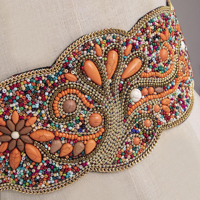 A New Wide Belt for Women, A Handmade Bohemian-style Elastic Wide Waist Seal with Ethnic Style Heavy Industry Rice Beads