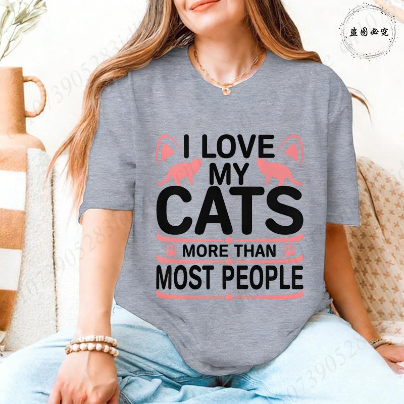 I Love My Cats More Than Most People T-Shirt for Women, Pink Cat Ear & Paw Print Graphic Tee, Harajuku Short Sleeve O Neck Tops