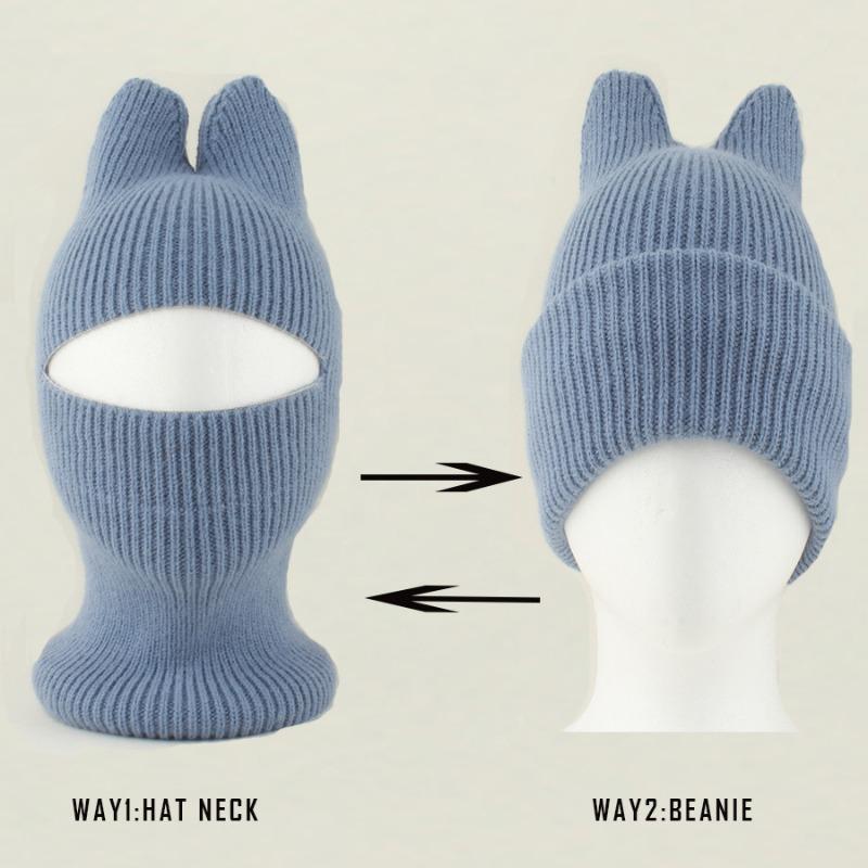 New Cartoon Winter Cat Ear Balaclava Neck Warmer Cute Knitted Hat with Detachable Face Cover for Boys Girls Warm Ear Protection