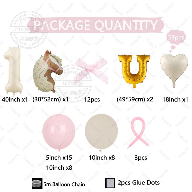 53pcs Bow Horsehead Theme Balloon Cream White Number 1-9 Balloons for Children's Birthday Party Room Decoration Balloon Supplies
